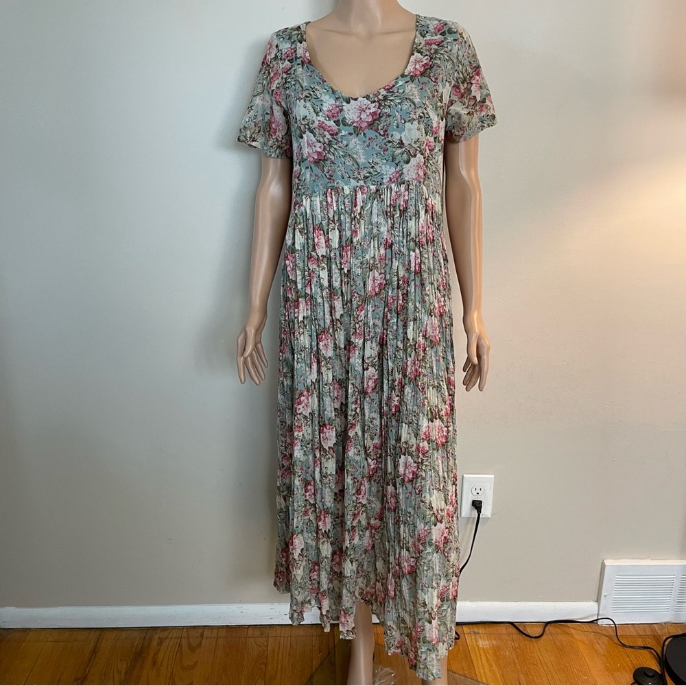 Vintage SITA Blue Green TEA ROSE Floral INDIA Cotton FULL Midi FARM DRESS Nepal